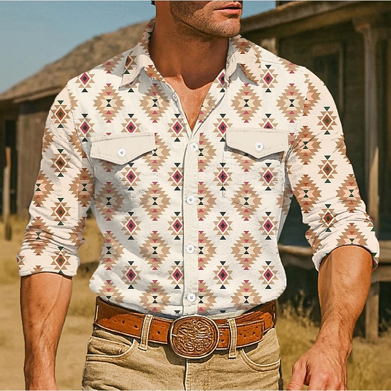 Men's Aztec Ethnic Western Shirt Button Up Shirt Cowboy Shirt Long Sleeve Vintage Retro Outdoor Holiday Summer Spring Fall Turndown Collared Shirts Front Two Pockets Blue Green Apricot