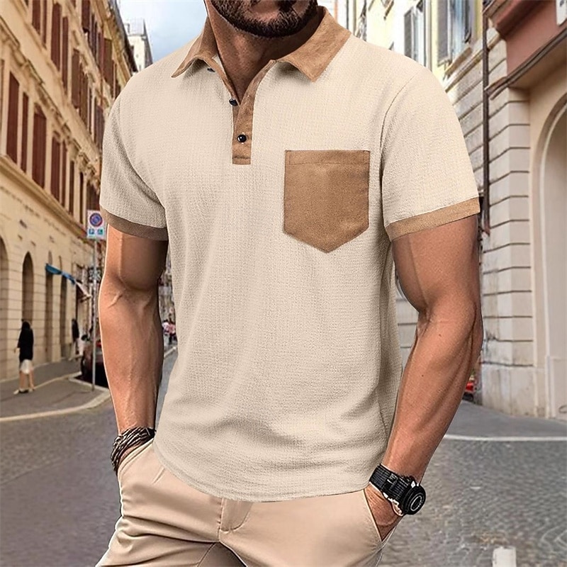 Men's Golf Shirt Golf Polos Shirts Work Casual Lapel Short Sleeve Basic Modern Color Block Patchwork Pocket Summer Spring Regular Fit Camel Black Light Blue Golf Shirt3