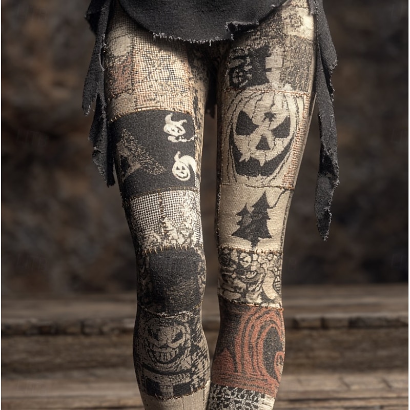 Women's Leggings Vacation Vintage Fashion Ankle-Length High WaistPantsHalloween Graphic Skull Pumpkin Printing Soft Breathable Stretchy Formal Outdoor Vacation Light Brown Lace Orange Green Khaki