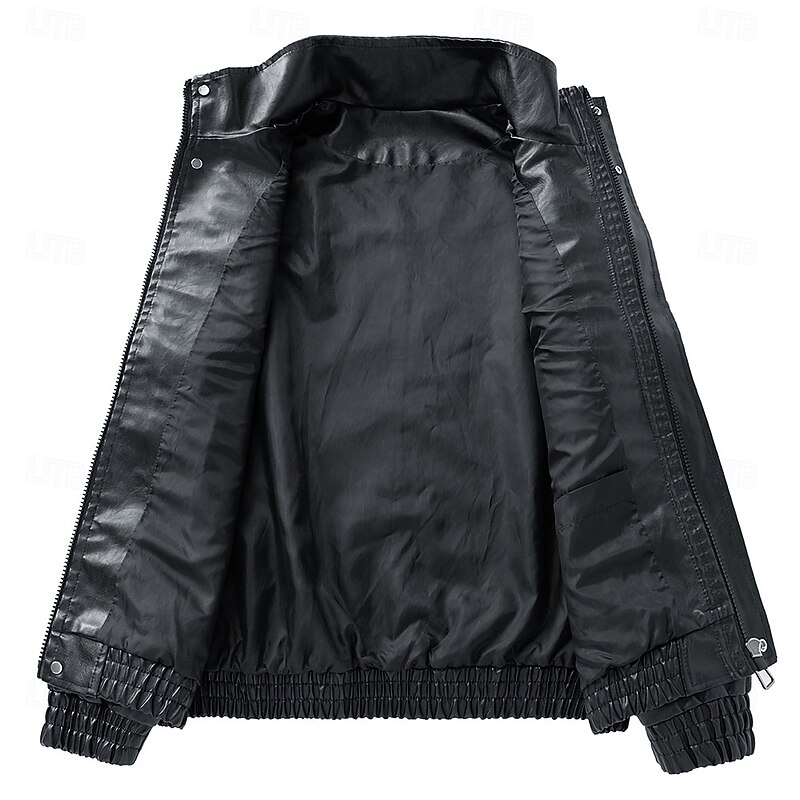 Men's Faux Leather Jacket Motorcycle Jacket Outdoor Casual Windbreaker Zipper Fall Winter Solid Color Punk Active Stand Collar Regular Black Green Khaki Jacket4