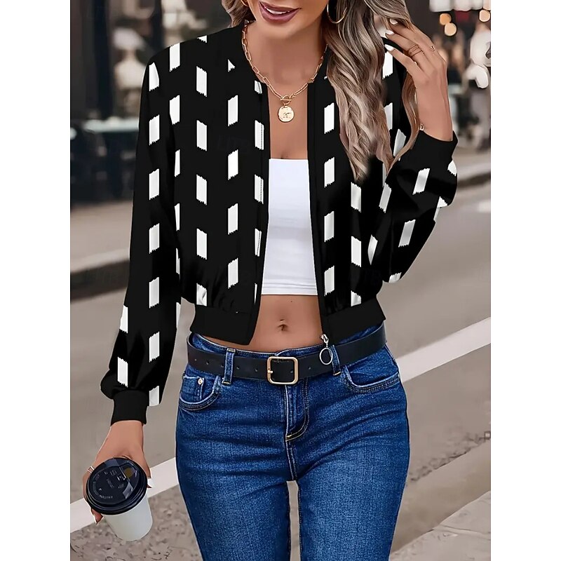 Women's Bomber Jacket Casual Jacket Comfortable Breathable Zipper Print Casual Geometric Vacation Street Casual Daily Wear Zipper Short Stand Collar Regular Fit Long Sleeve Outerwear Black White Red3