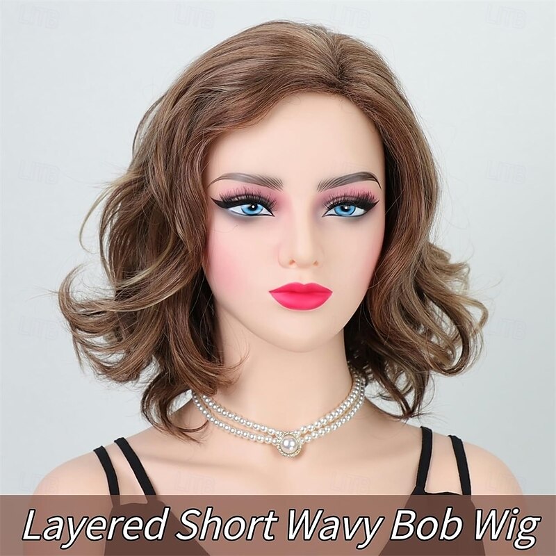Brown Mix Blonde Short Wavy Bob Wigs for White Women Layered Casual Bob Hairstyle 12inch Heat Synthetic Average Size Wig Side Part Daily Party Wig3