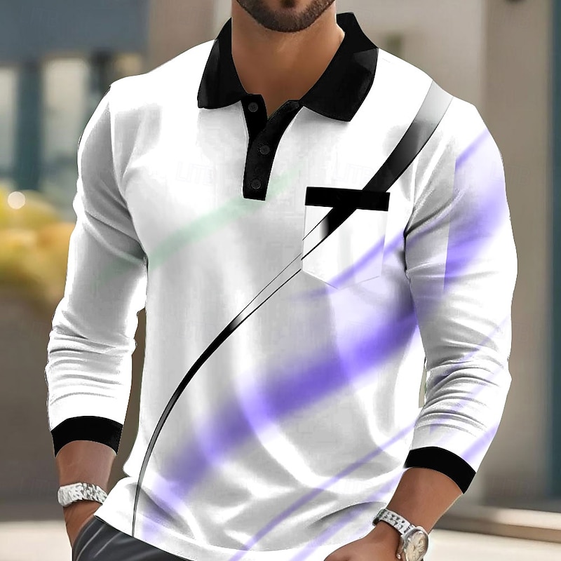Men's Geometric Line Polo Long Sleeve Polo Shirts Lapel Business Casual Athleisure Daily Wear Pocket 3D Print Buttons Spring Fall Black Red Blue3