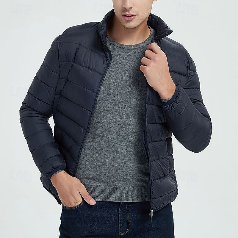 Men's Winter Coat Puffer Jacket Padded Jacket Pocket Polyster Vacation Daily Wear Date Regular Fashion Casual Comfortable Thermal Warm Winter Solid / Plain Color Dark Grey Black Navy Blue Light Grey