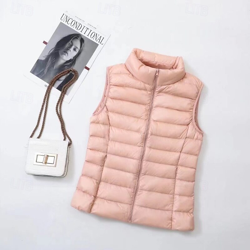 Women's Vest Warm Comfortable Zipper Casual Plain Holiday Daily Wear Zipper Regular Stand Collar Regular Fit Sleeveless Outerwear Light Pink Black Red Fall Winter4