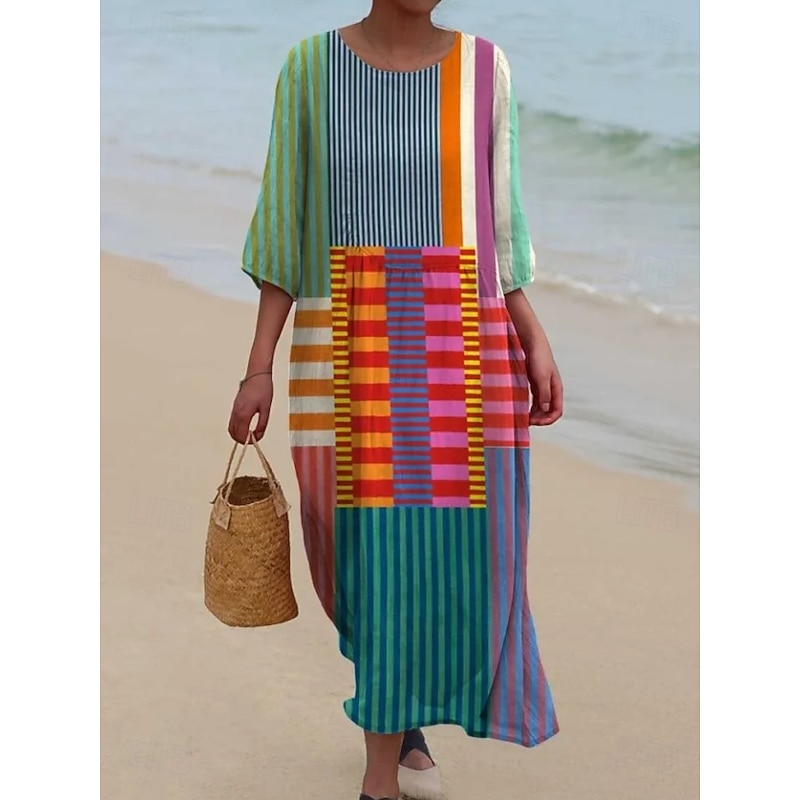 Women's Maxi Dress Kaftan 3/4 Length Sleeve Crew Neck Casual Shift Dress A Line Dress Dress Boho Daily Date Going out Geometric Dark Brown Yellow Red Purple4
