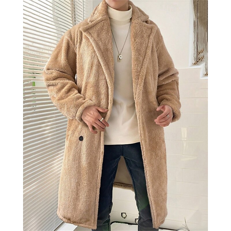 Men's Fleece Jacket Overcoat Trench Coat Long Trench Coat Vacation Daily Fall Winter Polyester Thermal Warm Windproof Outerwear Clothing Apparel Fashion Classic Plain Pocket Lapel Double Breasted
