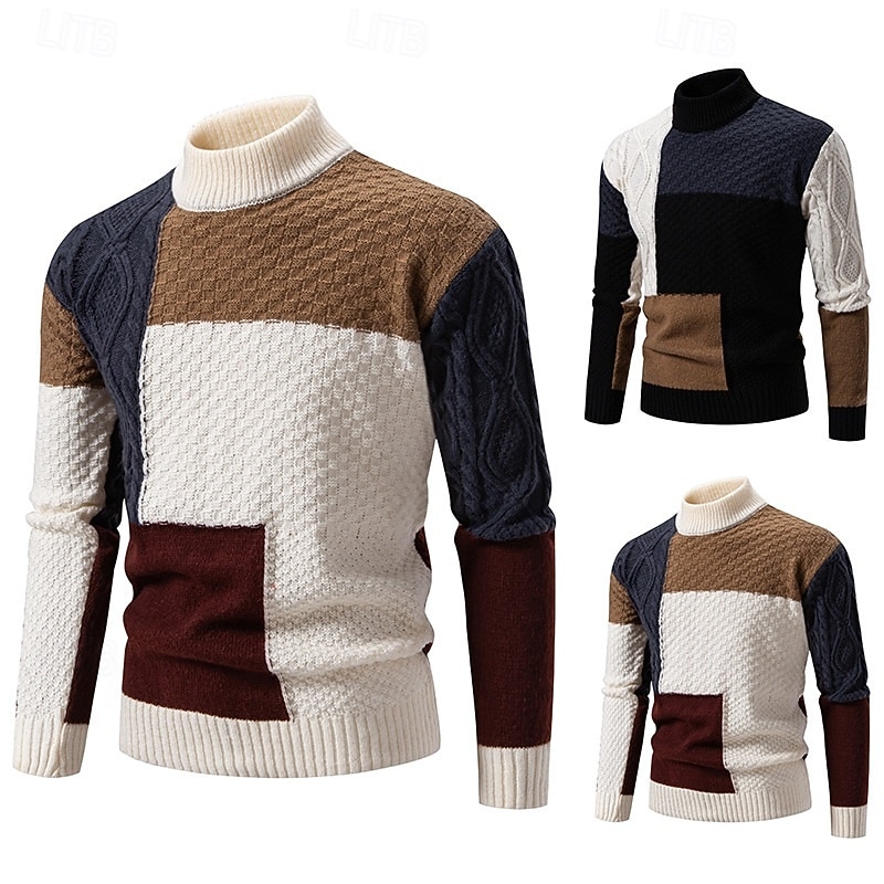 Men's Sweater Pullover Sweater Jumper Ribbed Knit Short Color Block Knitted Plain Turtleneck Knitwear Contemporary Casual Daily Wear Clothing Apparel Fall Winter Black Beige M L XL