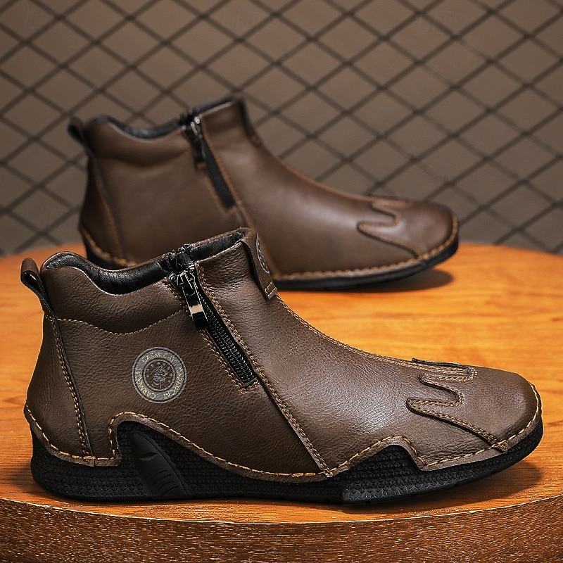 Men's Brown Leather Zipper Slip-On Shoes with Unique Round Toe and Flexible Sole – Retro Casual Footwear for Travel, Work and Daily Comfort3