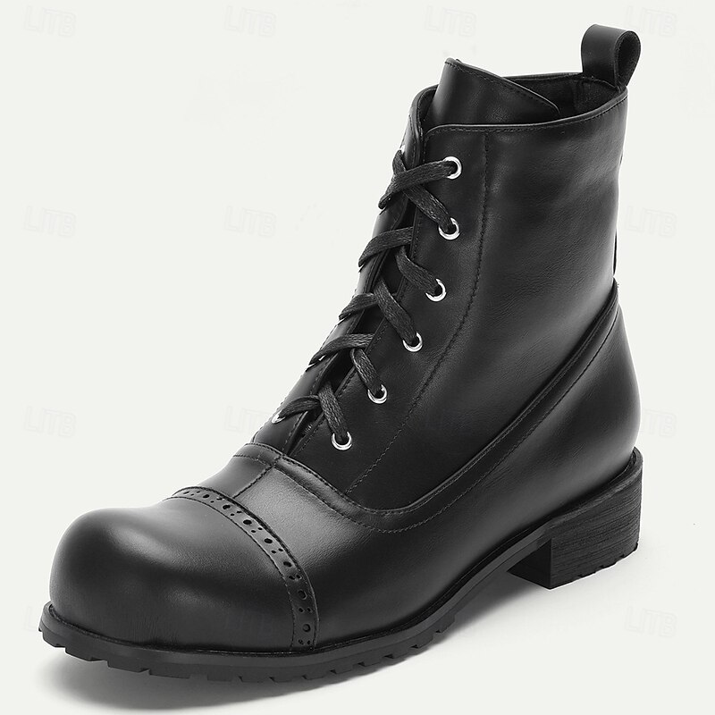 Men's Black Lace-Up Combat Boots Genuine Leather Rugged Military Style Casual Fashion Shoes for Outdoor and Halloween Costume3