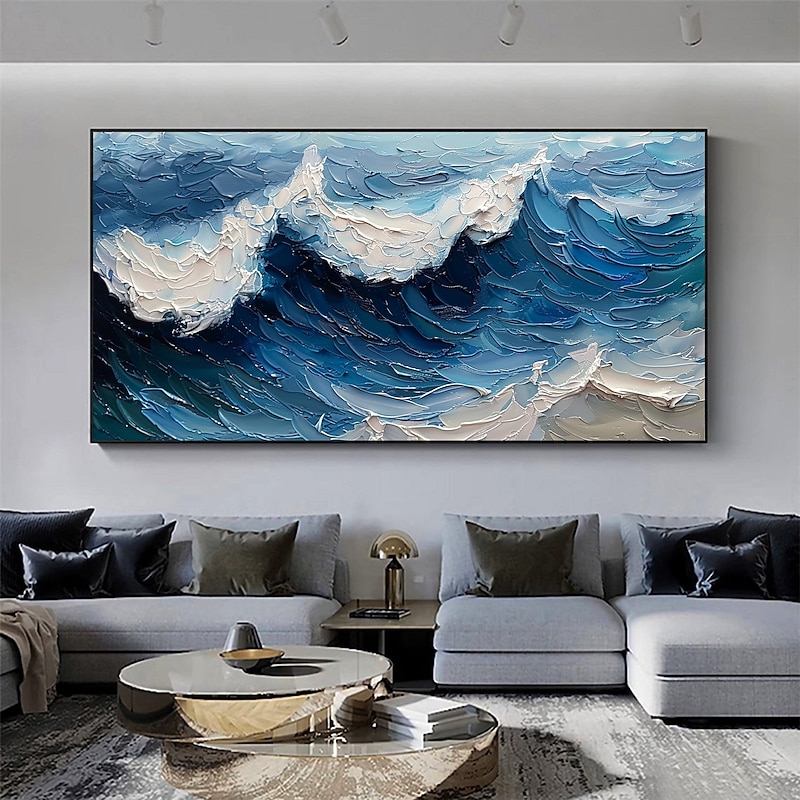 Handmade Original Blue Ocean Waves Oil Painting On Canvas Abstract Seascape Wall Art for Home Decor With Stretched Frame Without Inner Frame Painting