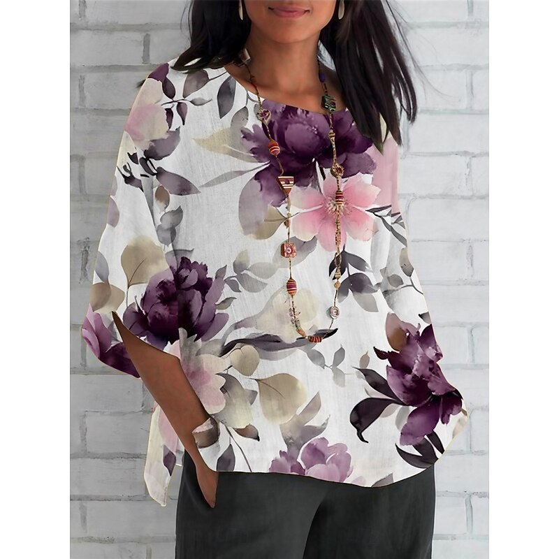 Women's Shirt Floral Daily Casual 3/4 Length Sleeve Crew Neck Regular Tops Daily Holiday Print Purple Summer Spring Fall