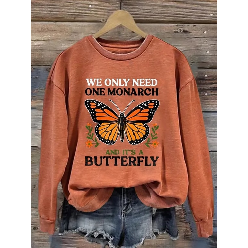 Women's Pullover Sweatshirt Graphic Animal Butterfly Warm Active Vintage Long Sleeve Crew Neck Regular Tops Street Dailywear Casual Print Black Blue Orange Green Dark Gray Spring Fall Winter