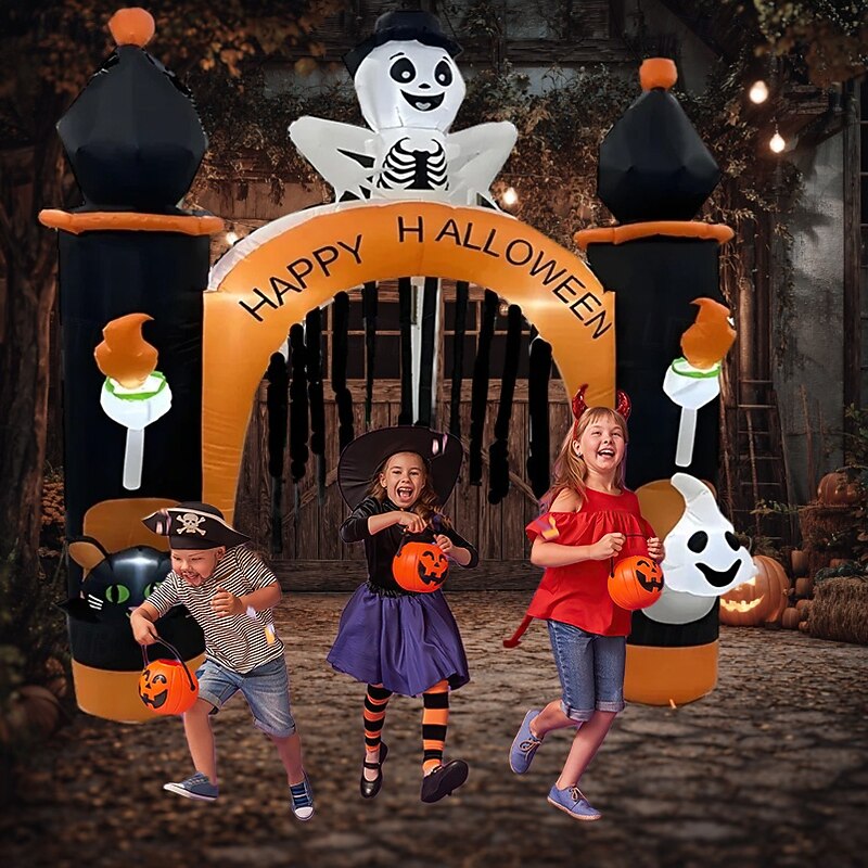 1 Pc 2.4M Halloween Black Cat Skull Ghost with Light Inflatable Air Model Arches Courtyard Porches Entrance Doors Lawn Party Halloween Atmosphere Decorative Light EU/US/UK/AU Plug