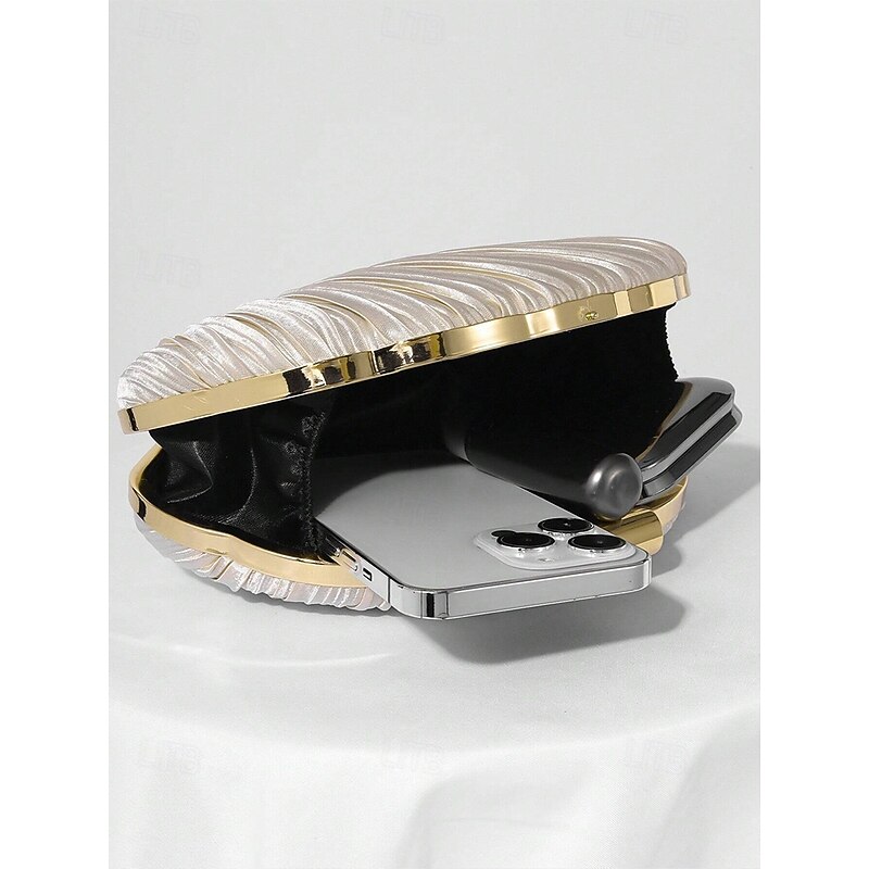 Women's Shell Pleated Satin Evening Clutch Purse, Metallic Champagne with Gold Frame & Chain — Vintage Glam for Weddings, Cocktail Parties, Prom & Night Out4