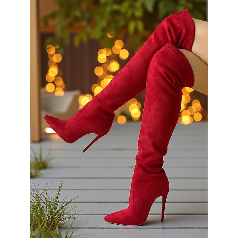Women's Red Suede Over-the-Knee Boots - Pointed Toe Stiletto High Heels for Night Parties and Christmas Holiday Events