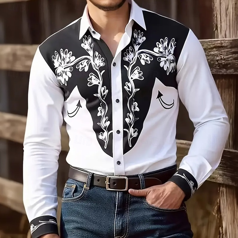 Men's Ethnic Baroque Scrollwork Shirt Western Shirt Cowboy Shirt Long Sleeve Vintage Retro Outdoor Vacation Spring Fall Turndown 3D Print Linen Like Shirt White 1 White