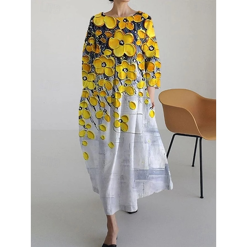 Women's Maxi Dress A Line Dress Fit And Flare Dress Party Birthday Casual Party Office Wedding Guest Loose Fit Floral Graphic Long Sleeve Crew Neck Yellow Red Purple Spring Fall Winter Autumn2