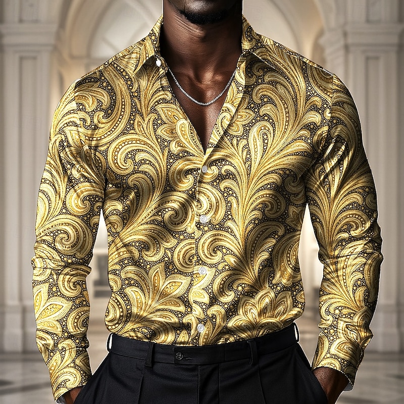 Men's Paisley Ethnic Flowers Shirt Satin Shirt Dress Shirt Long Sleeve Vintage Retro Vacation Dailywear Summer Spring Fall Turndown 3D Print Button Up Shirts Yellow Blue Green