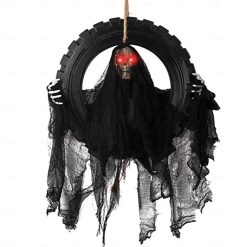 Animated Halloween Wreath Decoration Prop for Front Door Talking and Moving Black Grim Reaper Haunted House Decor