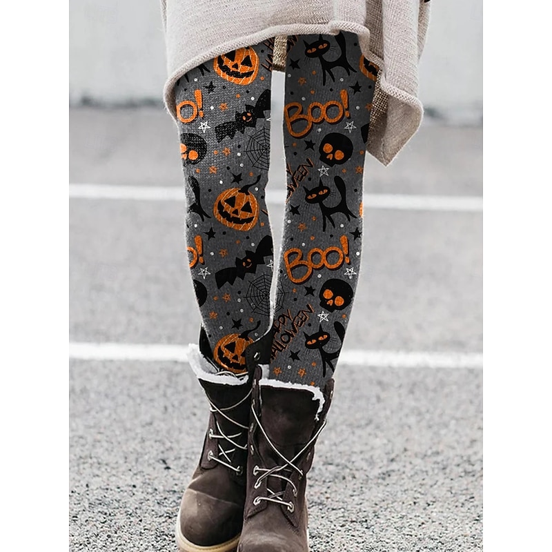 Women's Pants Trousers Leggings Cozy Leggings Streetwear Casual Full Length High WaistPantsHalloween Pumpkin Bat Elastic Waist Print Breathability Comfortable Stretchy Vacation Street Daily Wear Gray2
