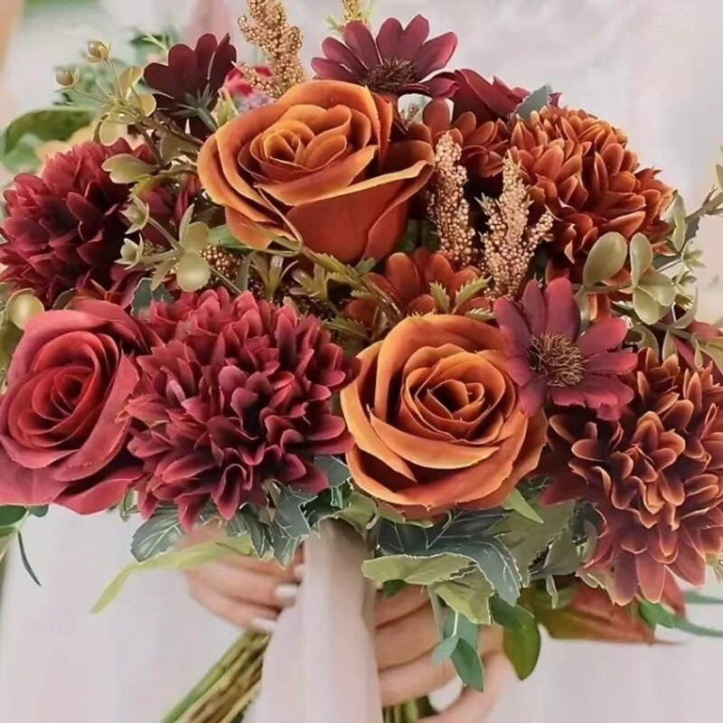 2 Bundles Fall Hydrangea Bouquet, Faux Peony, Rose, Daisy & Dried Flowers Handheld Floral Arrangement, Silk Flower Small Bunch for Home & Event Decor2