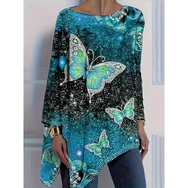 Women's T Shirt Graphic Geometric Butterfly Vintage Stylish Casual Long Sleeve Crew Neck Long Tops Daily Print Asymmetrical Yellow Purple Green Spring Fall3