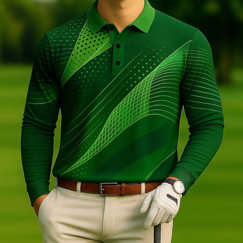 Men's Geometric Abstract Polo Long Sleeve Polo Shirts Lapel Casual Outdoor Street Athleisure Sports 3D Print Buttons Spring Fall Winter White Blue Green