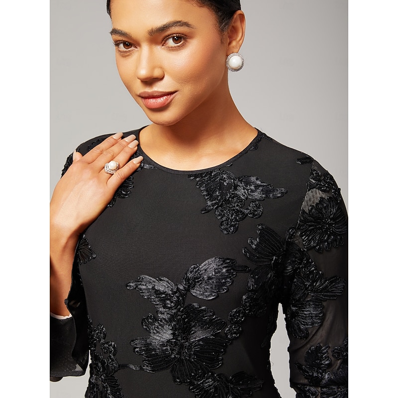 Women's Black Dress Party Dress Cocktail Dress Black Long Sleeve Embroidered Embroidery Winter Spring &  Fall Elegant Party Party S M L4