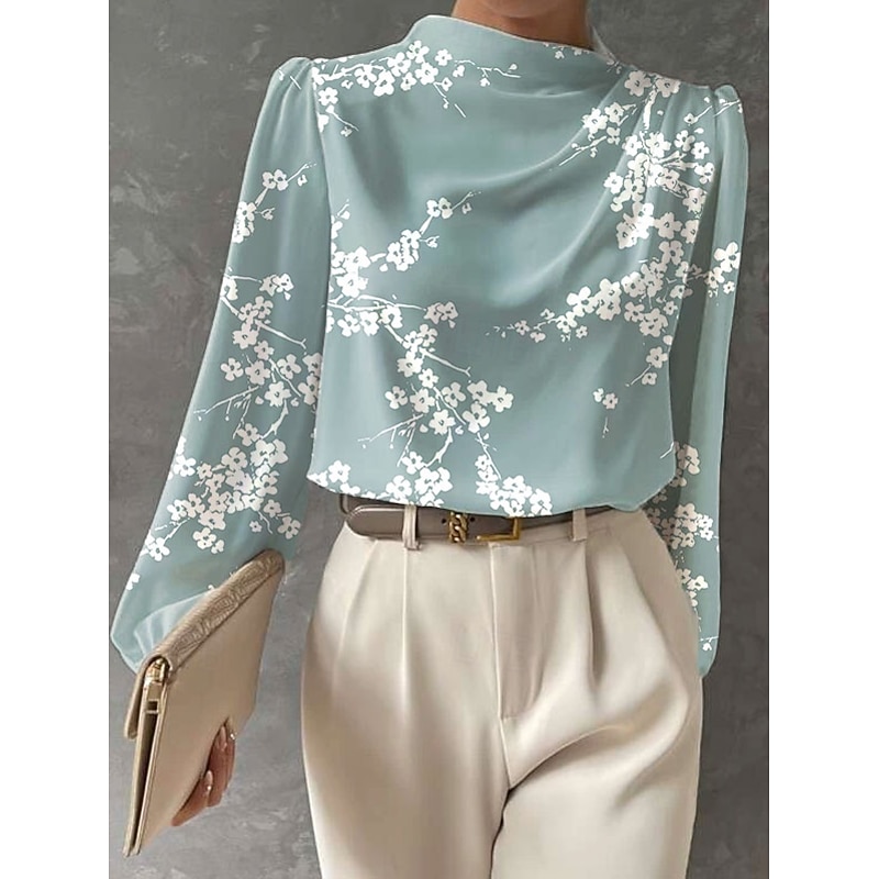 Women's Blouse Floral Graphic Elegant Stylish Basic Long Sleeve High Neck Regular Tops Daily Print Pink Orange Beige Light Blue Spring Fall