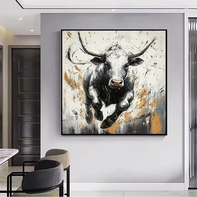 Handmade Oil Painting Acrylic Canvas Wall Art Decoration Animal Oil Painting Black-and-White Running Bull for Home Office Hotel Club Decor Rolled Frameless Unstretched Painting2