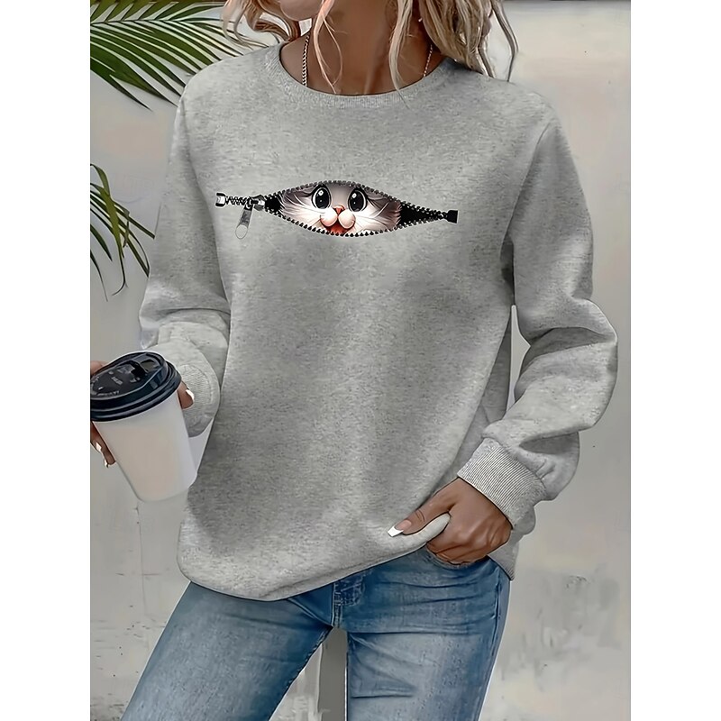 Women's Pullover Sweatshirt Graphic Animal Cat Warm Active Vintage Long Sleeve Crew Neck Regular Tops Street Dailywear Casual Patchwork Print Black Red Blue Light Grey Spring Fall Winter4