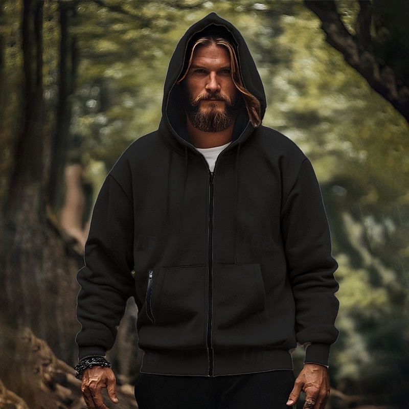 Men's Hoodie Full Zip Hoodie Black Navy Blue Khaki Light Grey Hooded Plain Drawstring Pocket Sports & Outdoor Daily Holiday Polyester Streetwear Basic Casual Spring Fall Clothing Apparel Hoodies3