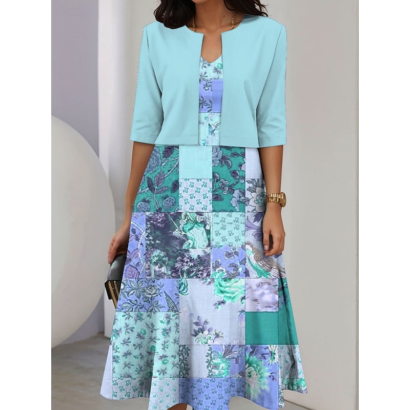 Women's Dress Set A Line Dress Midi Dress Elegant Casual Floral Graphic Patchwork Print Midi Dress Half Sleeve Crew Neck Vacation Date Pink Blue Purple Summer Spring Regular Fit2