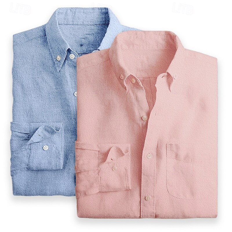 Men's Shirt Linen Shirt Summer Shirt Button Down Shirt Casual Shirt Plain Vacation Daily White+Pink White+Green Green+pink Pink+Blue Long Sleeve Lapel Summer Spring Clothing Apparel Pocket2