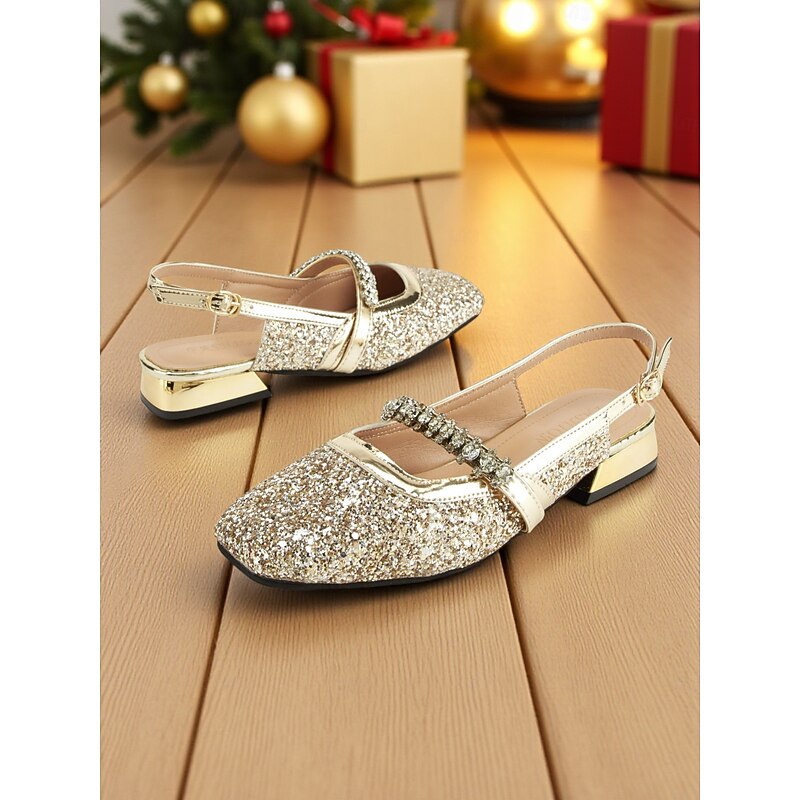 Women's Gold Glitter Square Toe Low Heel Mary Jane Shoes - Rhinestone Strap Party Flats for Nightlife and Christmas Holiday Events