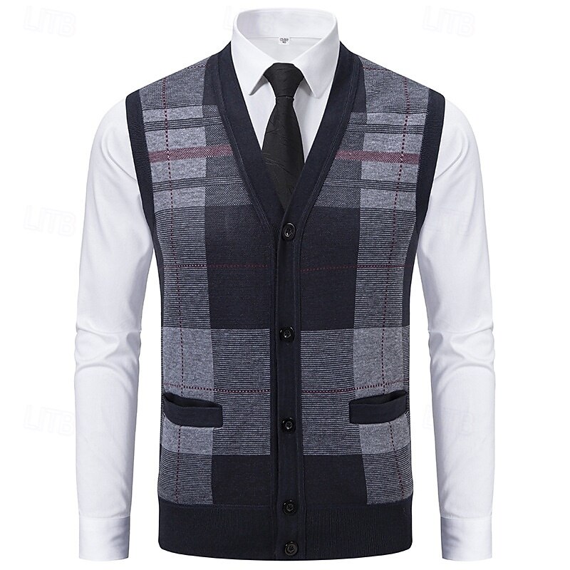 Men's Sweater Sweater Vest Dress Sweater Cardigan Sweater Knit Sweater Ribbed Knit Regular Tops Knitted Ribbed Plaid V Neck Fashion Shawls Business Casual Clothing Apparel Fall Winter Navy Blue Light2