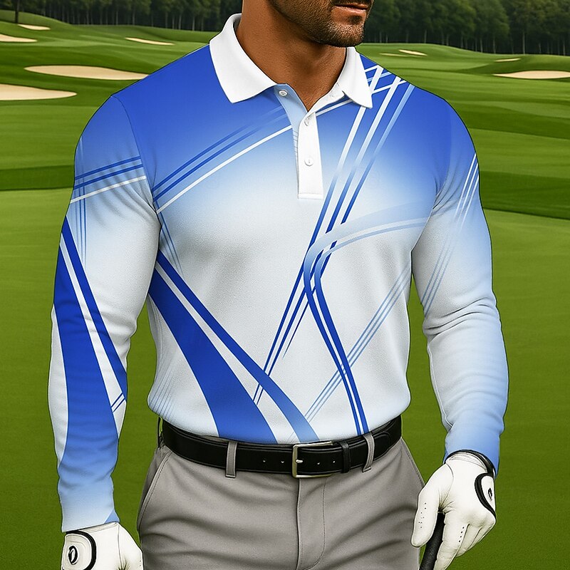 Men's Geometic Golf Polo Long Sleeve Polo Shirts Lapel Casual Athleisure Daily Wear 3D Print Buttons Spring Fall Winter Blue Purple Green3