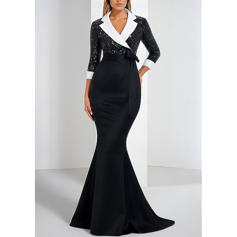 Tuxedo Dress Mermaid / Trumpet Mermaid Formal Wedding Wedding Guest Satin Sequin Elegant Long Sleeve Floor Length Notched Lapels4