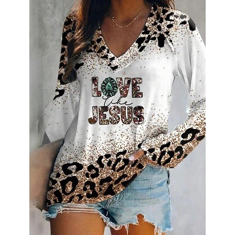 Women's T Shirt Graphic Leopard Vintage Stylish Classic Long Sleeve V Neck Regular Tops Daily Weekend Vacation Wear Print White Spring Fall Spring, Fall, Winter, Summer Witch - Main Image