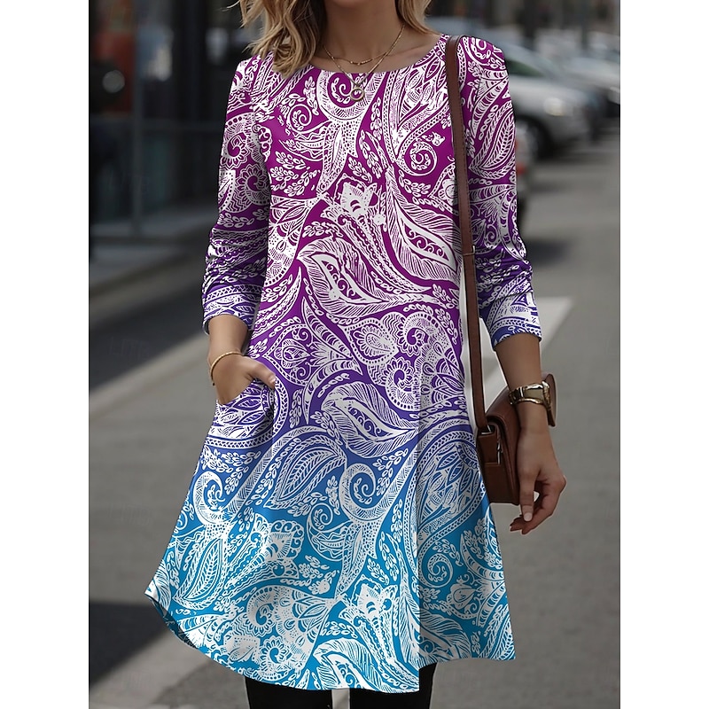 Women's Mini Dress T Shirt Dress Tee Dress A Line Dress Vacation Casual Daily Date Regular Fit Ombre Graphic Paisley Long Sleeve Crew Neck Blue Fuchsia Orange Green Spring Fall Winter