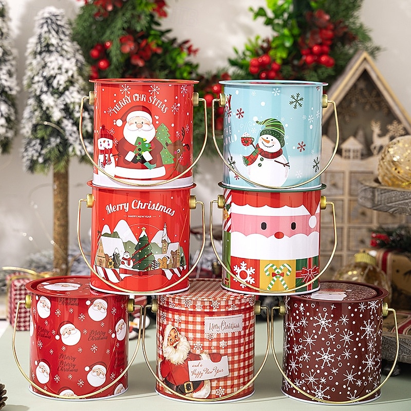 Christmas Cookie Tins with Lids for Gift Giving Xmas Tin Containers Red Round Handled Metal Storage Box with Lid Holiday Cookie Biscuit Packaging Gift Box Party Favor Accessory