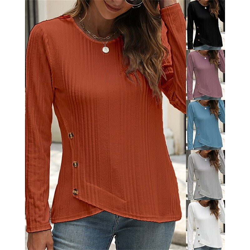 Women's Texture Blouse T Shirt Tee Top Plain Fashion Modern Long Sleeve Crew Neck Regular Tops Daily Going out Buttons Black White Pink Blue Orange Spring Fall