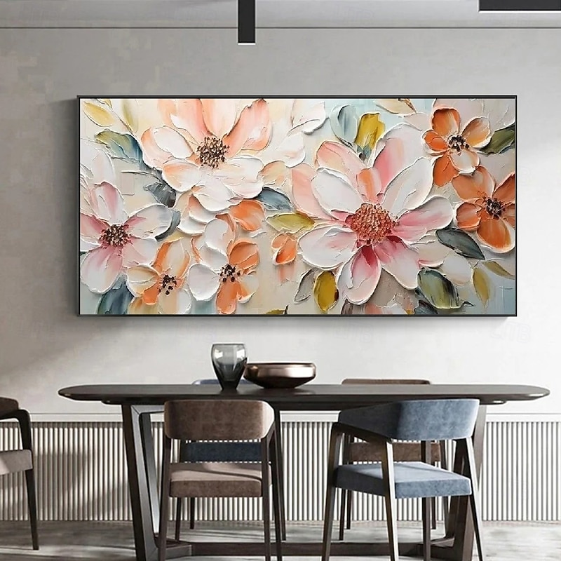 Handmade 3D Oil Painting Floral Composition with Vibrant Colors and Rich Textures Created Using Impasto Technique Showcasing Delicate Petals and Lively Hues Perfect for Home Decor