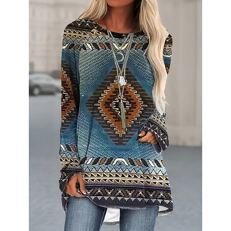 Women's T Shirt Graphic Tribal Vintage Stylish Classic Long Sleeve Crew Neck Round Neck Long Tops Daily Print Wine Red Blue Spring Fall3