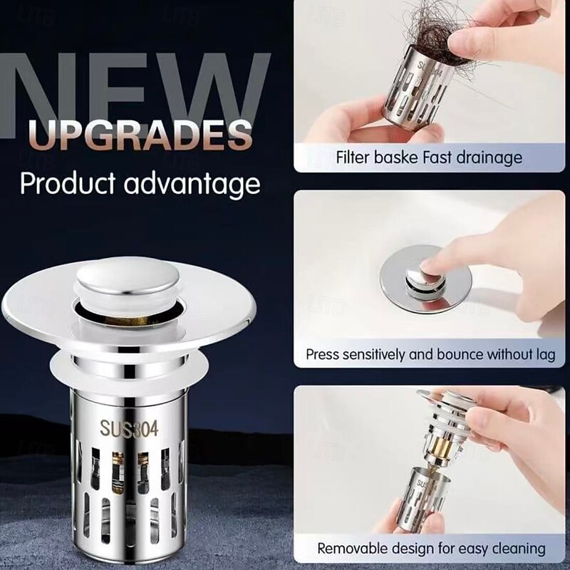 2 Pack Universal Stainless Steel Drain Strainer Push-To-Bounce Core Sink Drain Stopper Pop-Up Strainer Plug, Anti-Odor, Universal Basin Accessory3