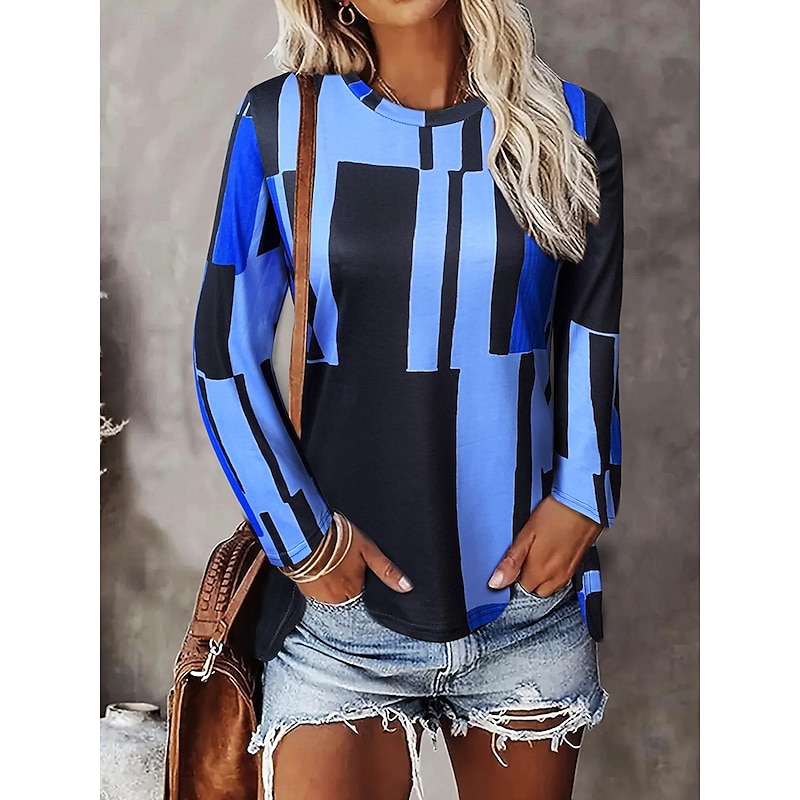 Women's T Shirt Graphic Geometric Vintage Stylish Casual Long Sleeve Crew Neck Regular Tops Daily Print Red Blue Purple Brown Spring Fall Winter2