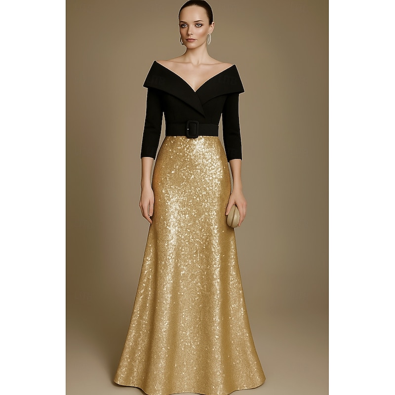 Black Gold Sequined A-Line Evening Gown Elegant Dress Formal Wedding Floor Length Half Sleeve Off Shoulder Velvet with Glitter 2025