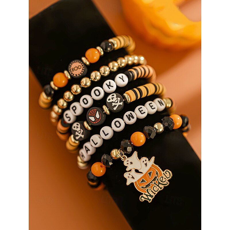 Women's Halloween Beaded Bracelet Set – Colorful Stretch Stackable Bangles with Pumpkin Ghost Charm for Party, Cosplay and Nightlife2