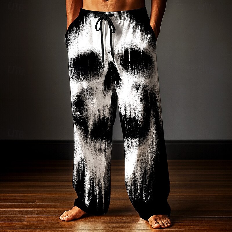 Halloween Men's Skull Halloween Costumes Trousers Baggy Pants Casual Pants Mid Waist Dark Gothic Style Outdoor Holiday Elastic Drawstring Waist Linen-Like Pants with Pockets Summer Spring Fall 3D4